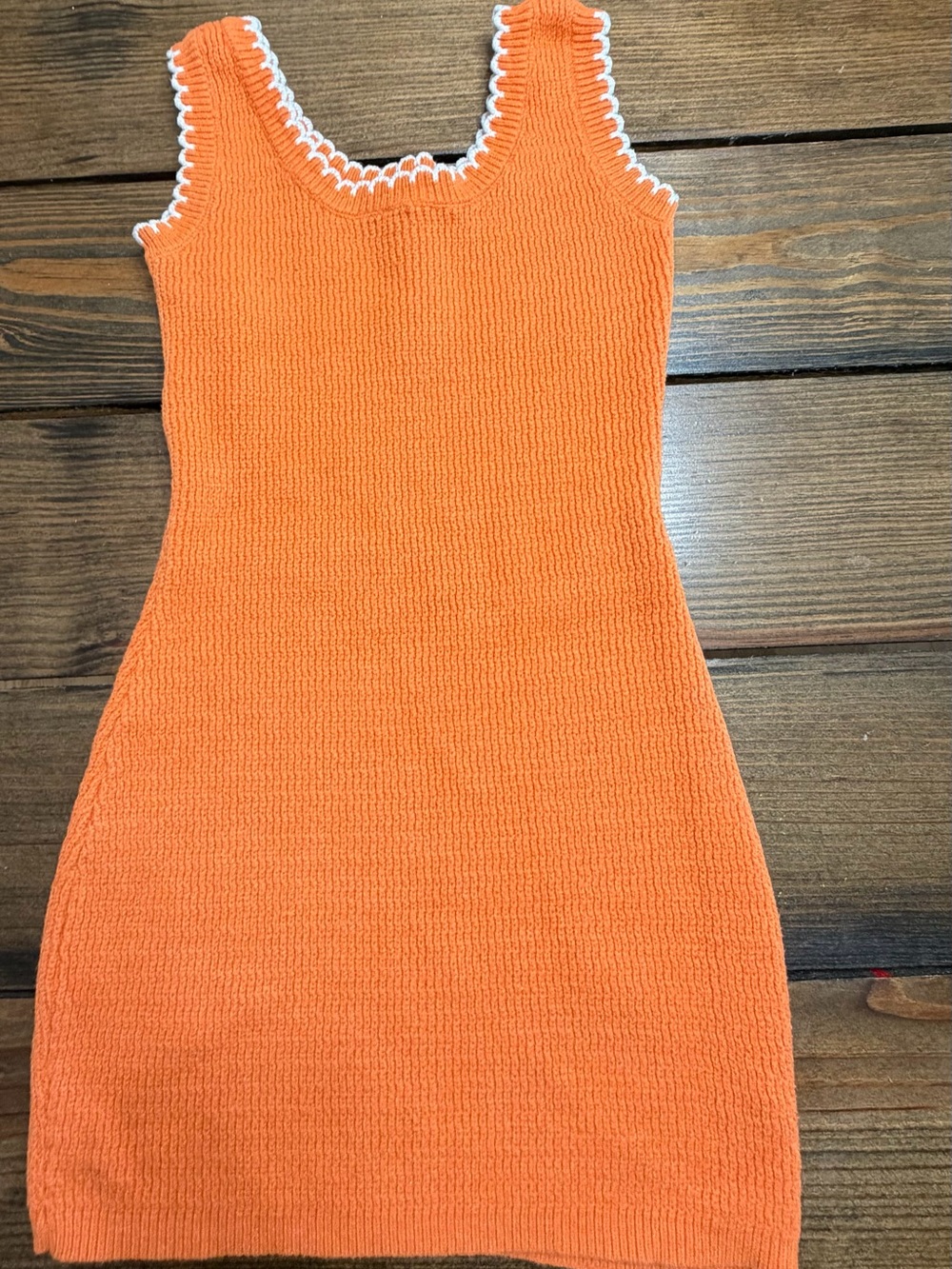Lele Sadoughi Orange Knit Mini Dress with White Scalloped Trim